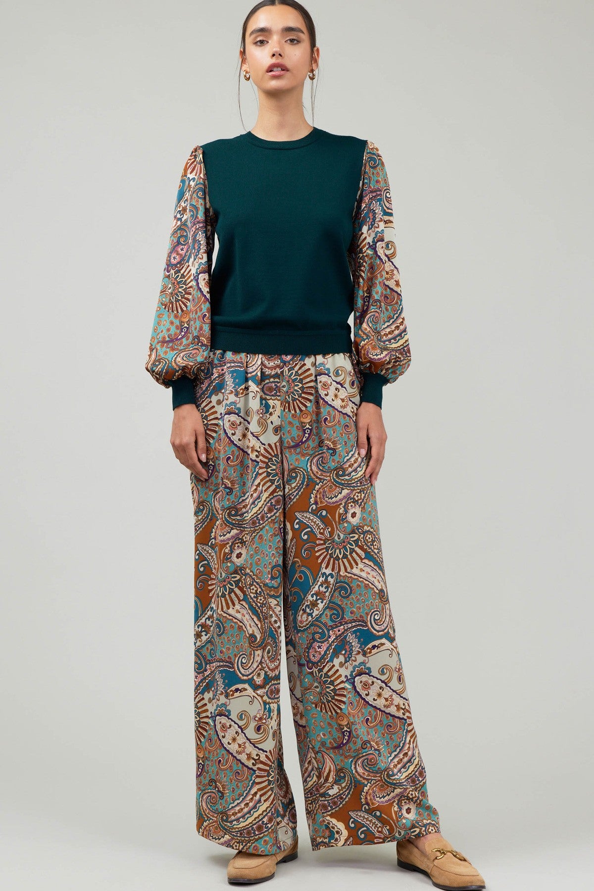 Paisley Printed Wide Leg Pants - Brown