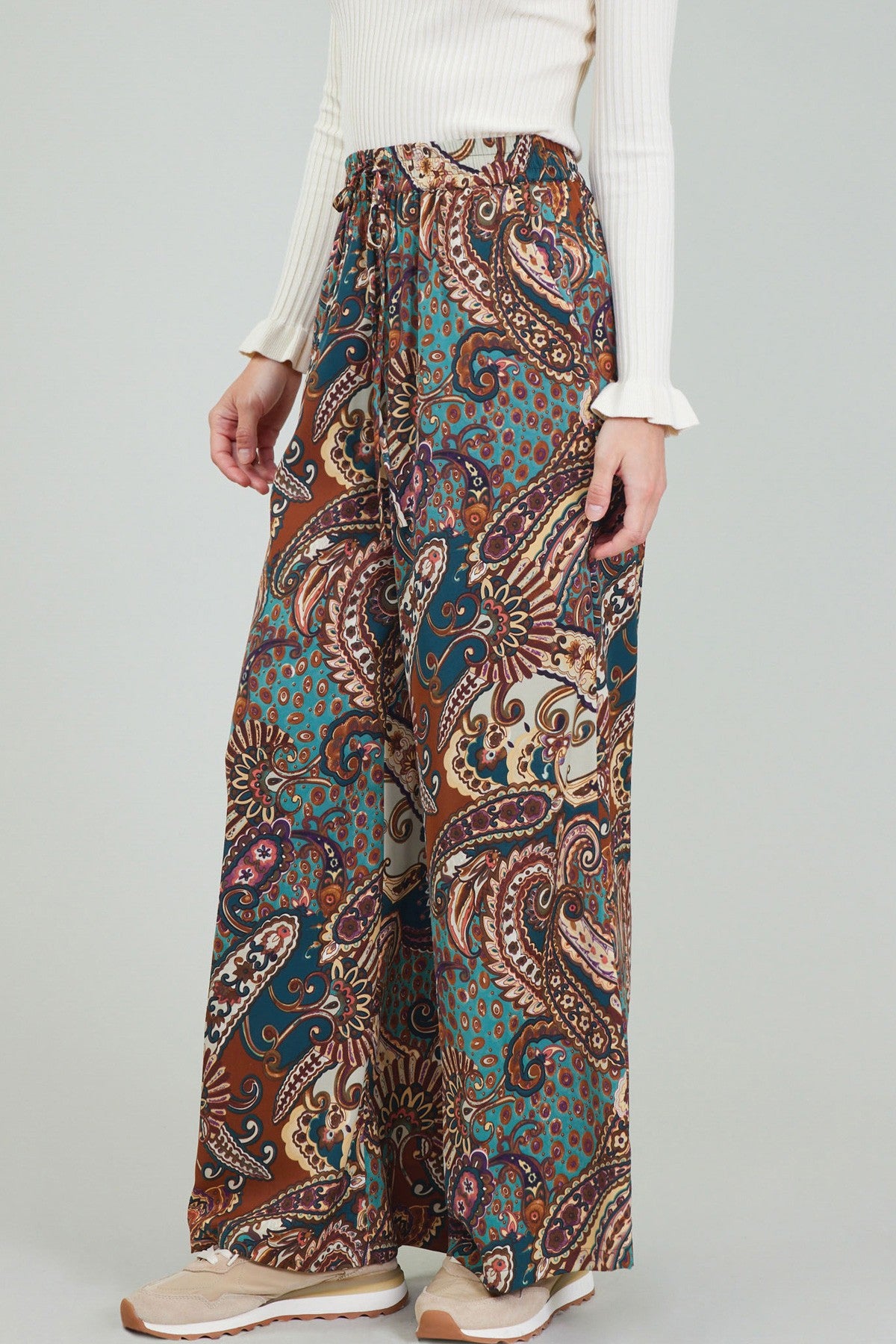 Paisley Printed Wide Leg Pants - Brown