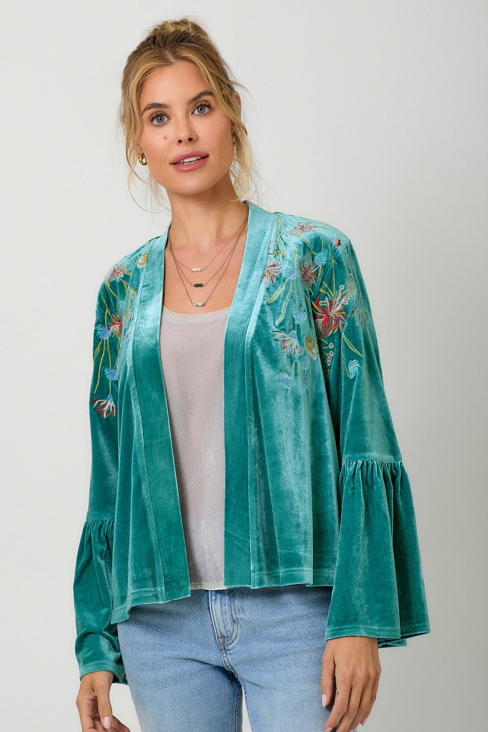 Embroidery Velvet Kimono - Emerald