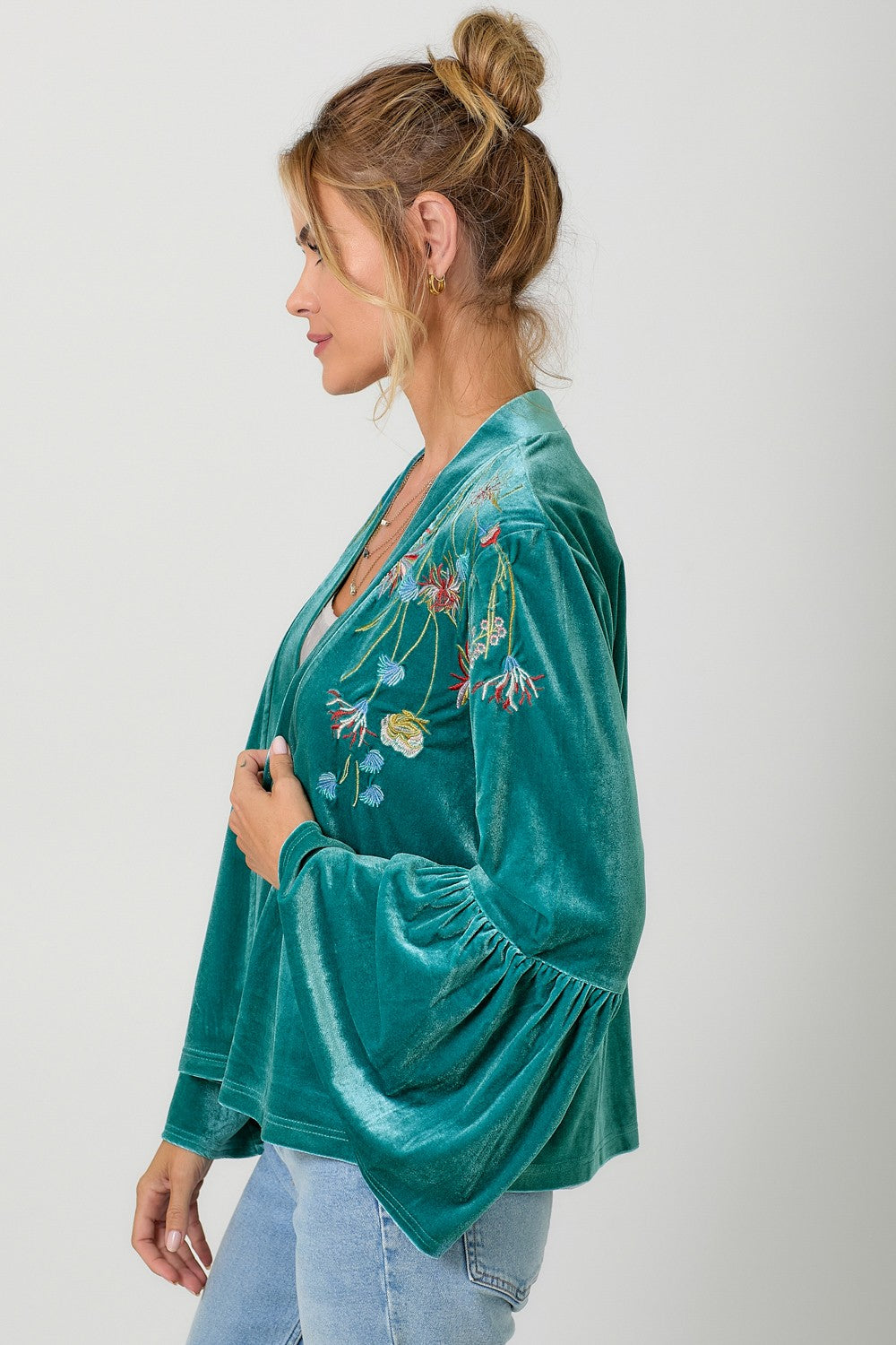 Embroidery Velvet Kimono - Emerald