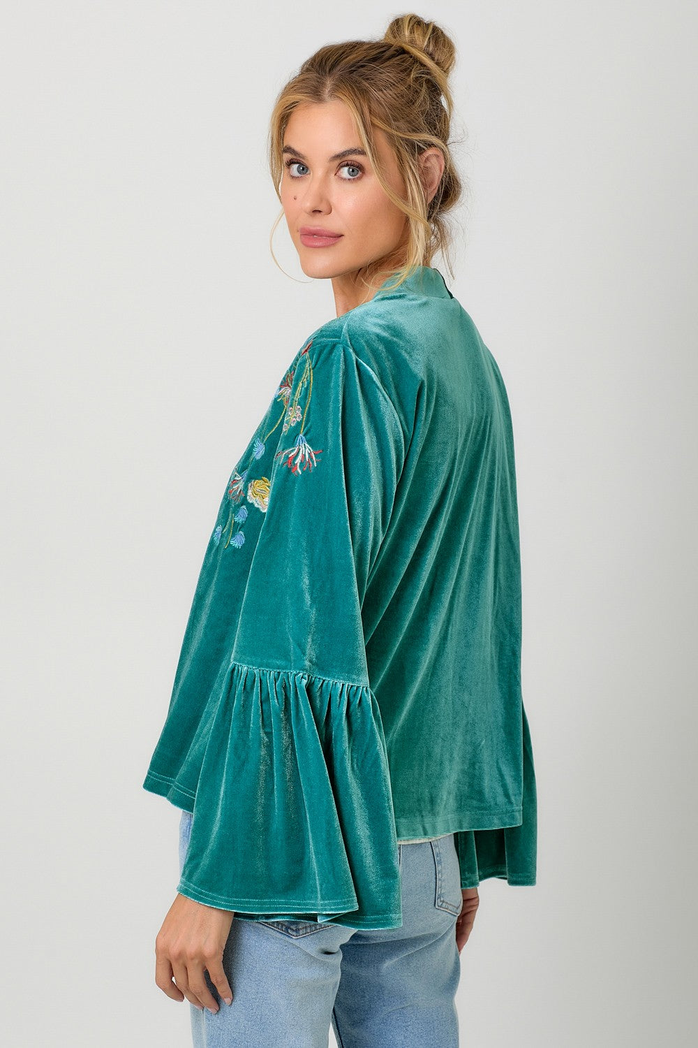 Embroidery Velvet Kimono - Emerald