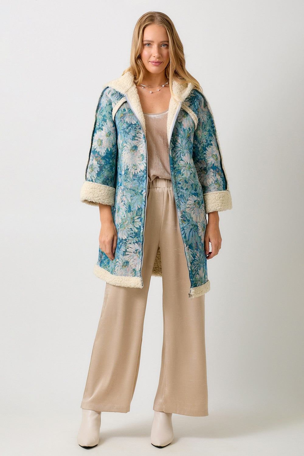 Floral Hoodie Shearing Coat - Seafoam/Blue