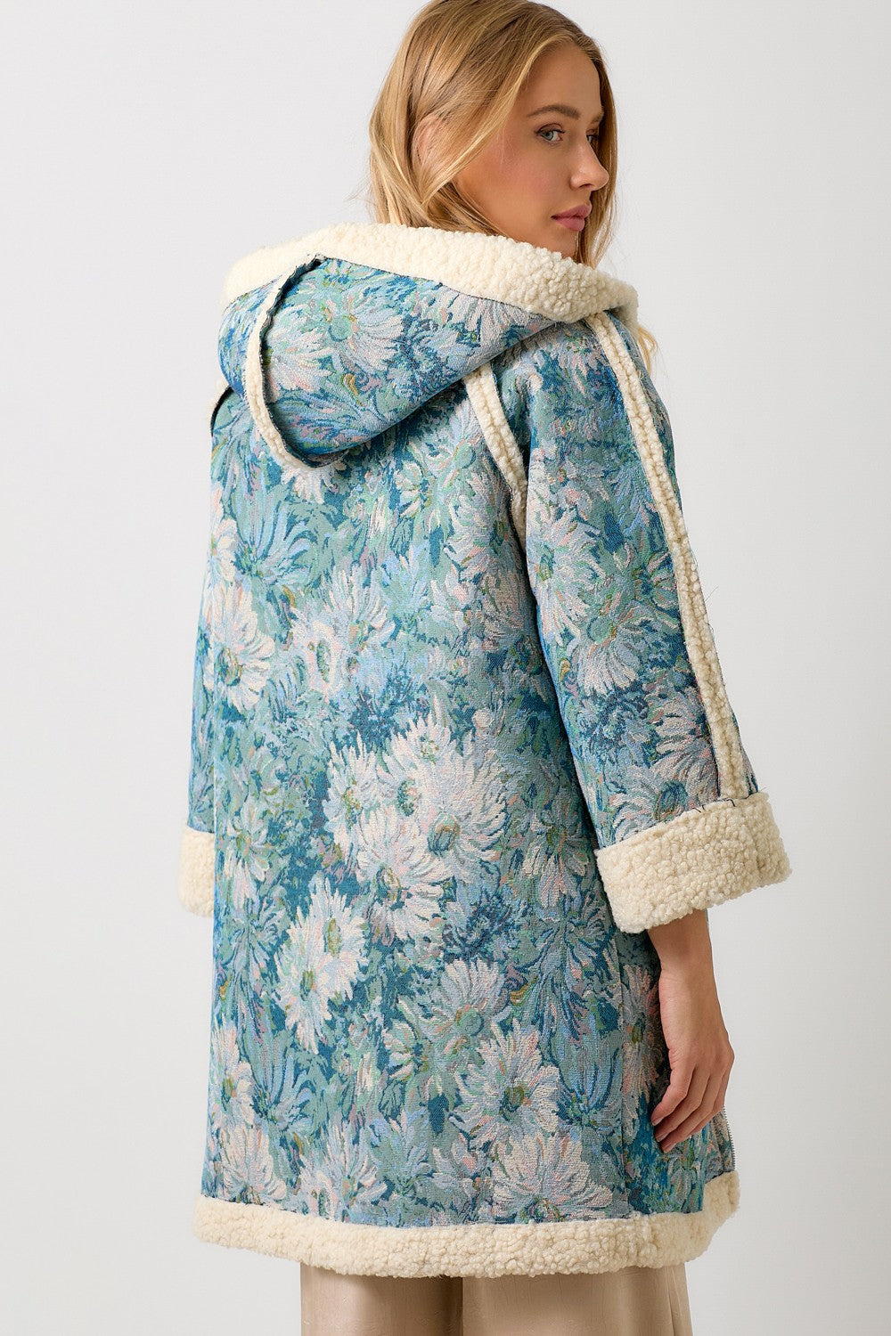 Floral Hoodie Shearing Coat - Seafoam/Blue