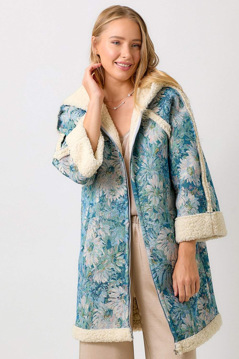 Floral Hoodie Shearing Coat - Seafoam/Blue
