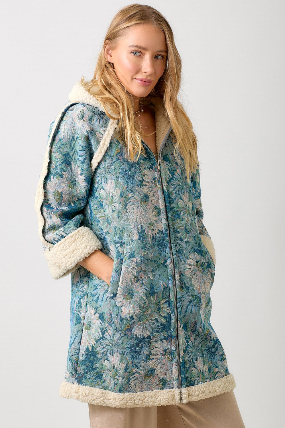 Floral Hoodie Shearing Coat - Seafoam/Blue