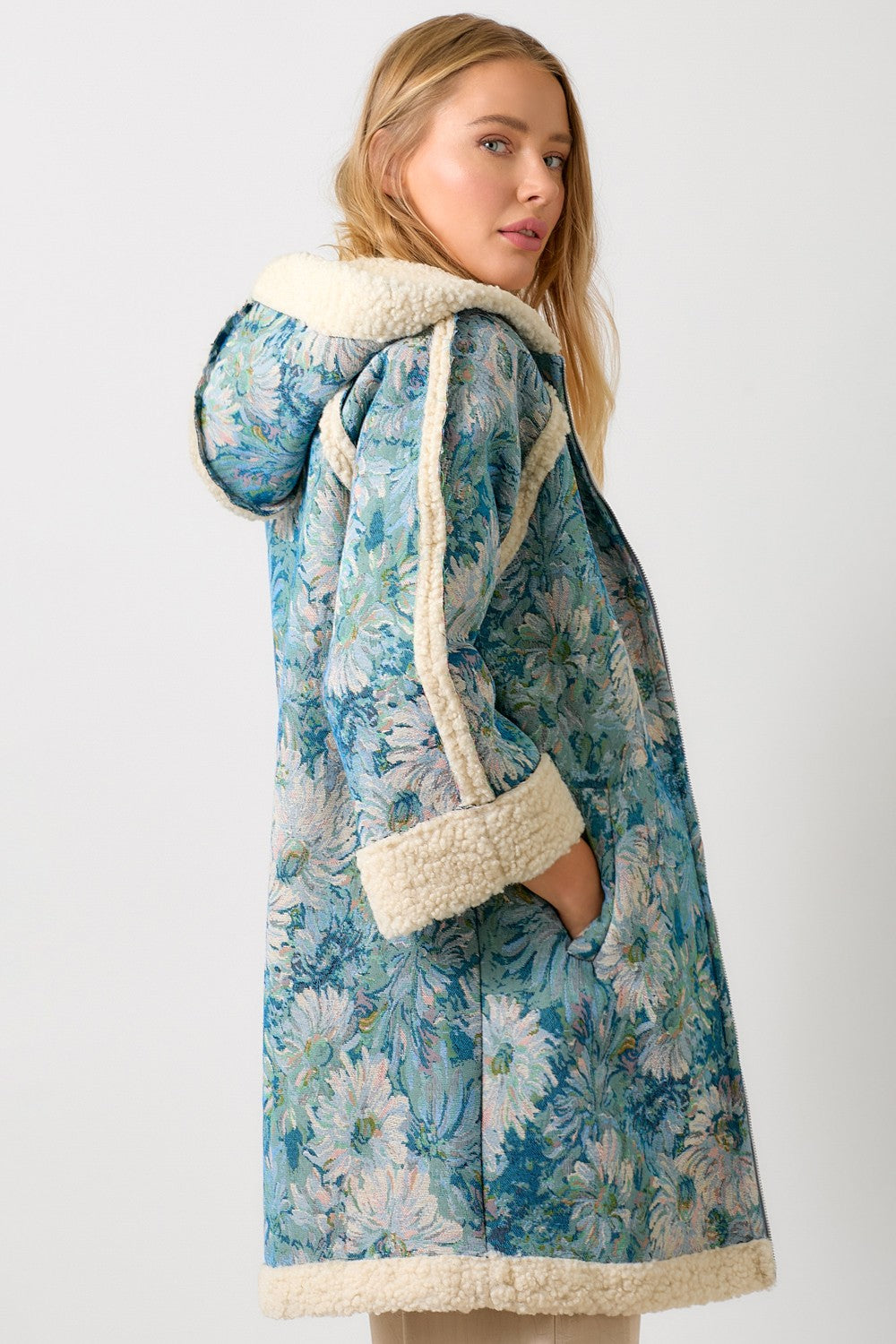 Floral Hoodie Shearing Coat - Seafoam/Blue