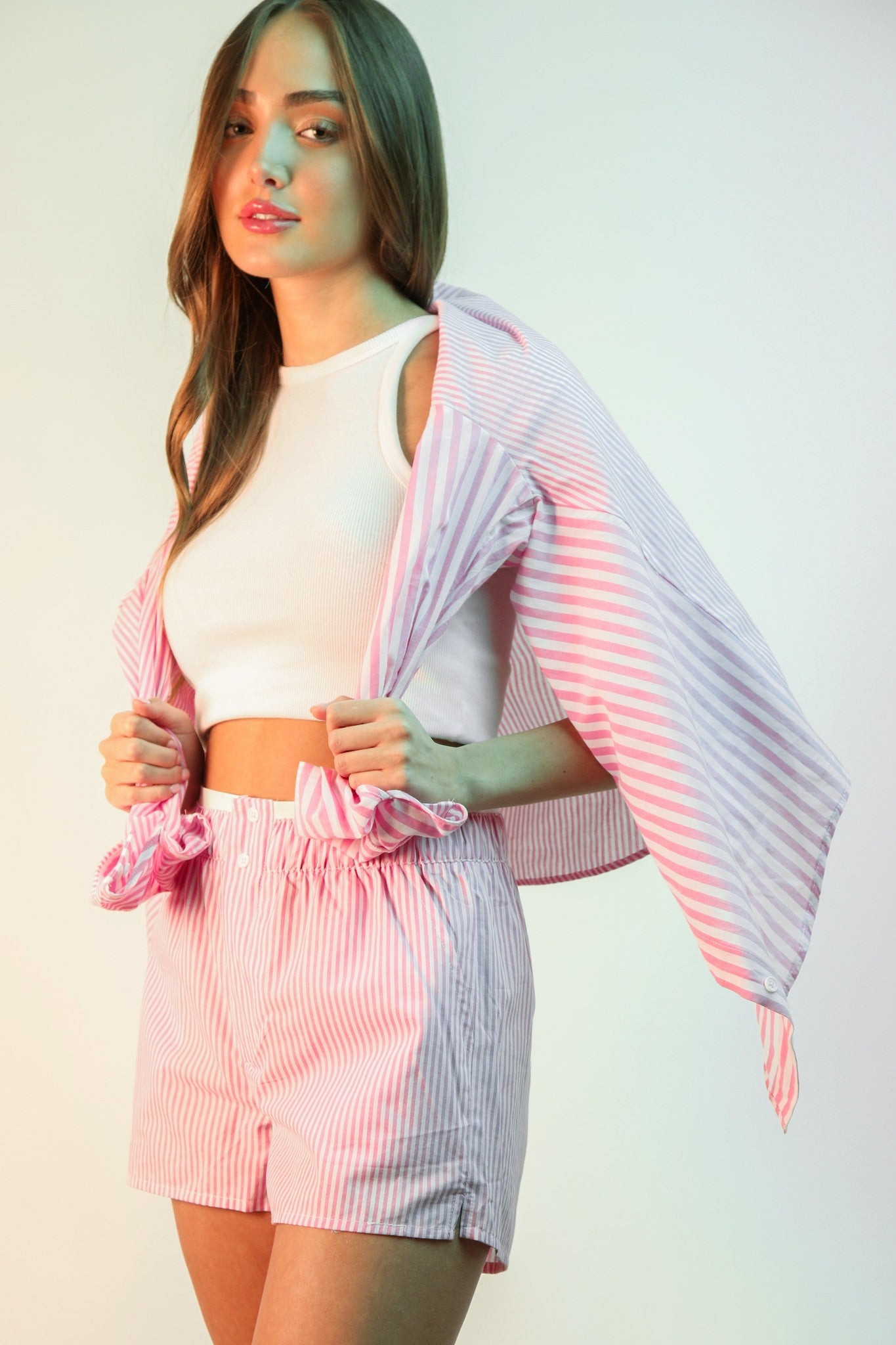 Striped Oversized Comfy Shirt Top & Shorts Set - Pink