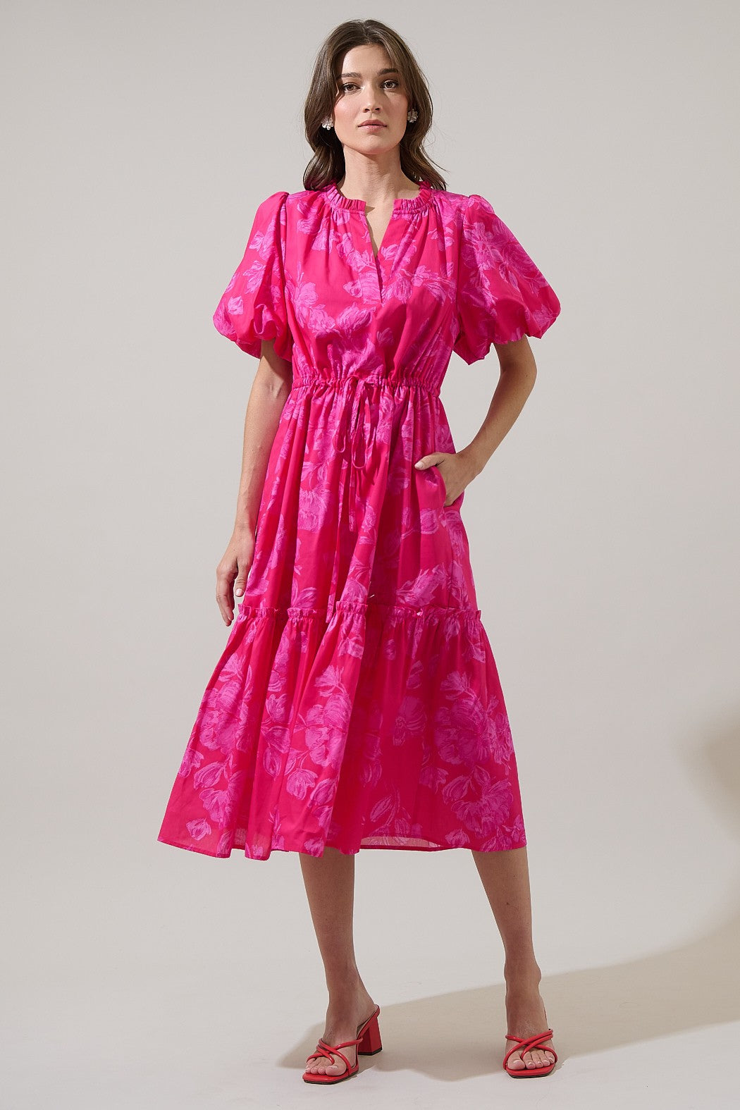 Vacey Floral Ginny Bubble Sleeve Midi Dress FUCHSIA / S by Sugarlips