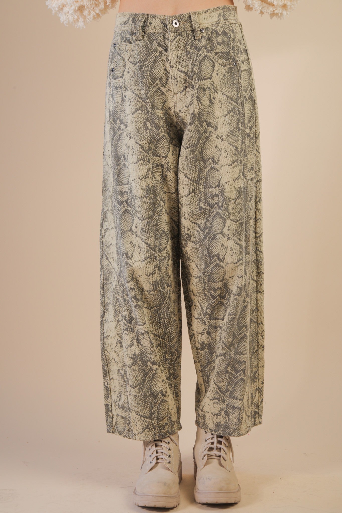 Snack & Cow Barrel Pants - Beige Snake