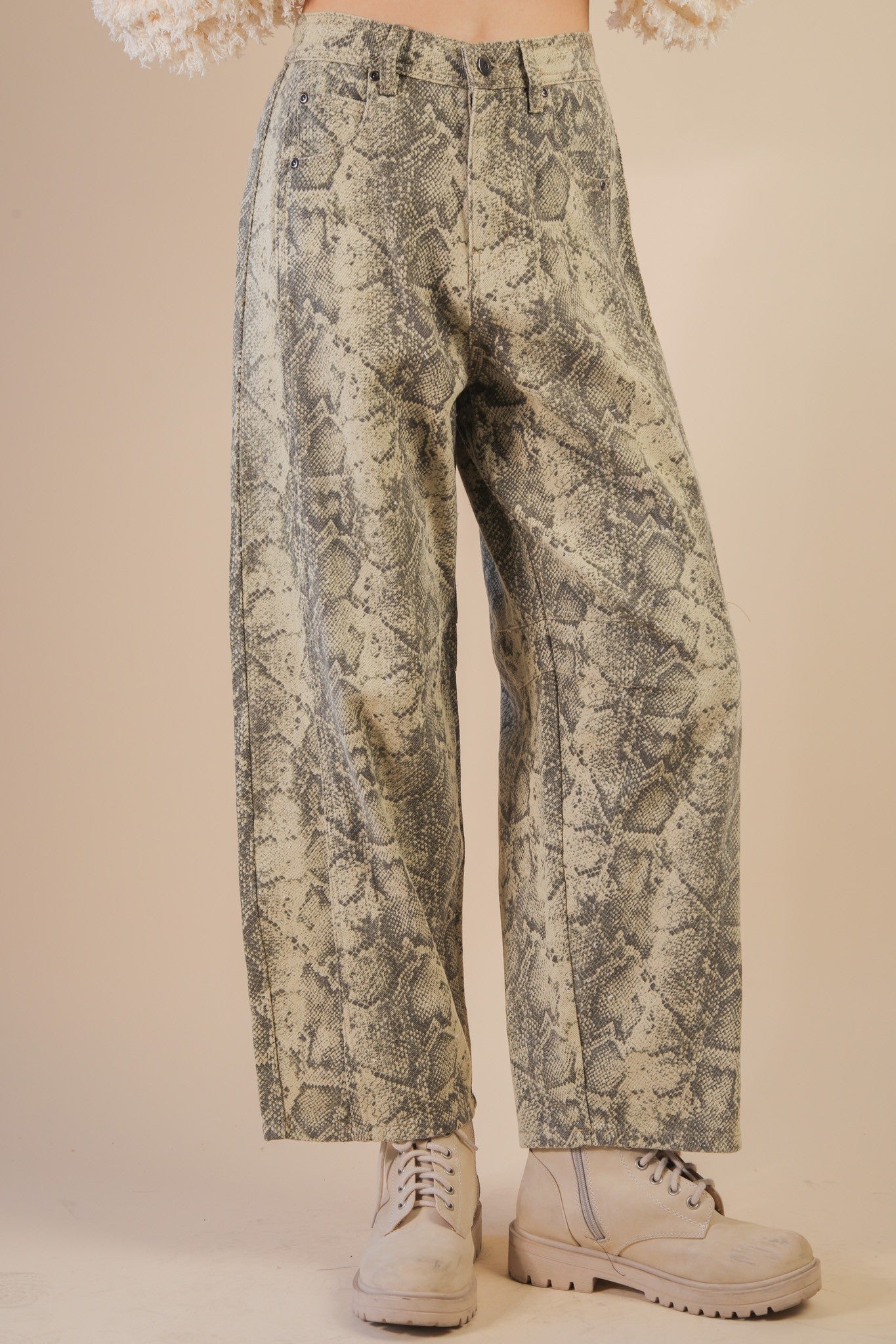 Snack & Cow Barrel Pants - Beige Snake