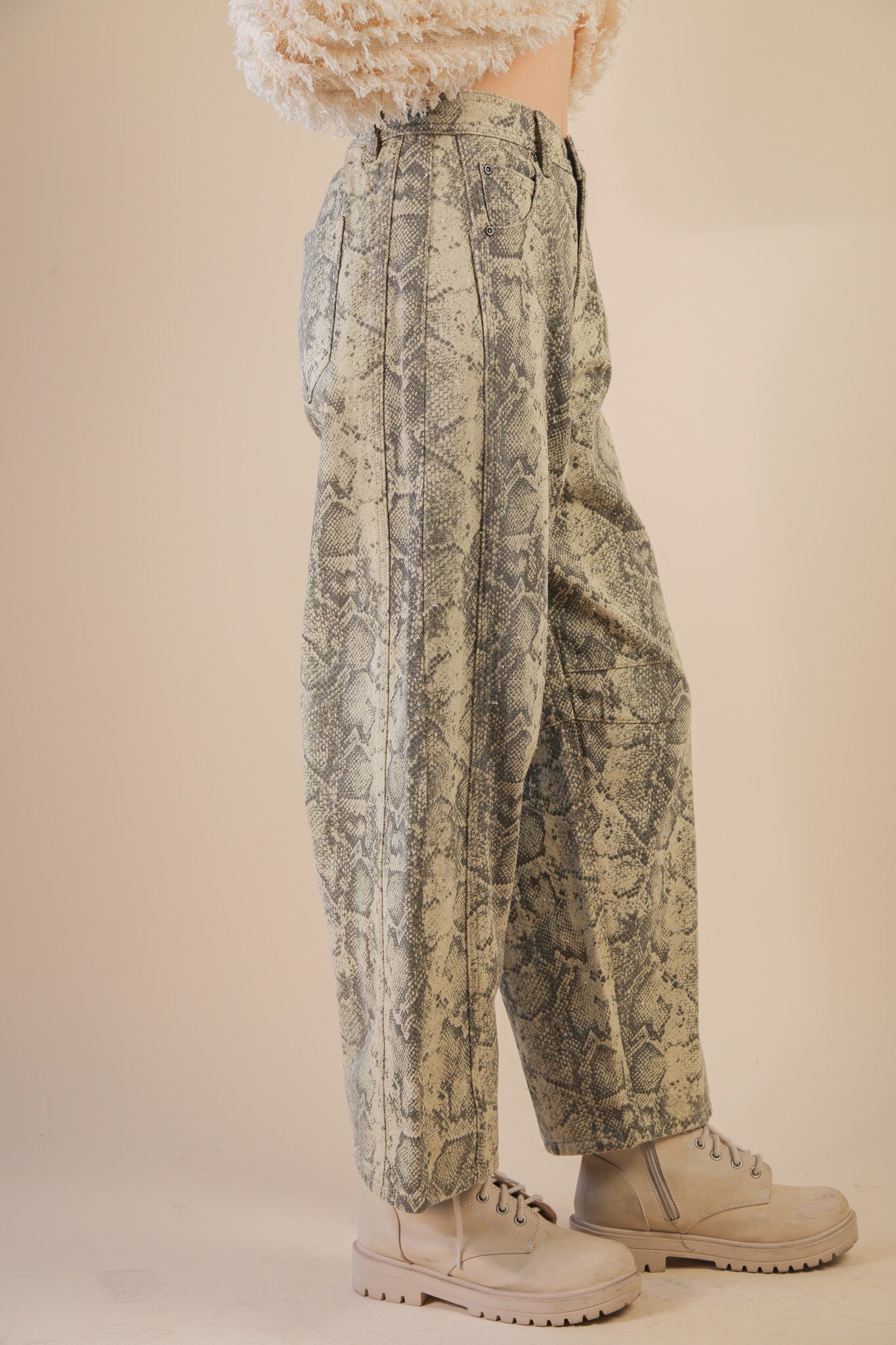 Snack & Cow Barrel Pants - Beige Snake