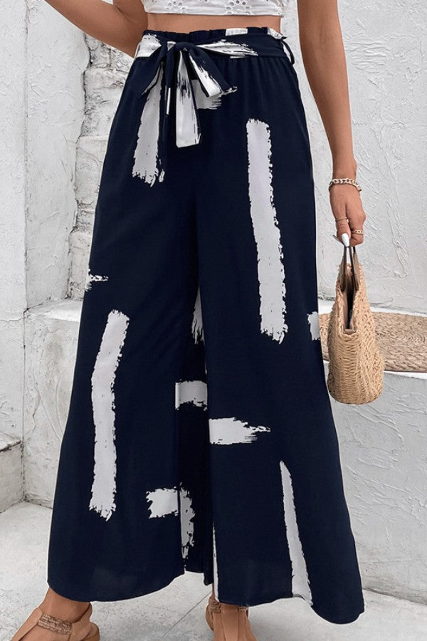 Abstract Flow Tie-Waist Wide-Leg Pants