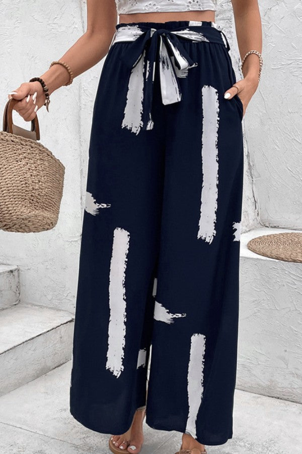 Abstract Flow Tie-Waist Wide-Leg Pants