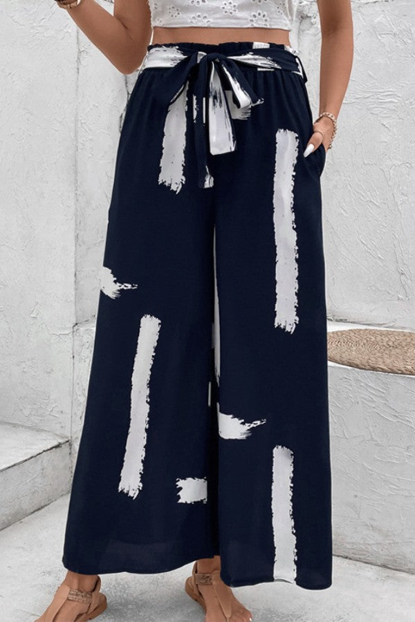 Abstract Flow Tie-Waist Wide-Leg Pants