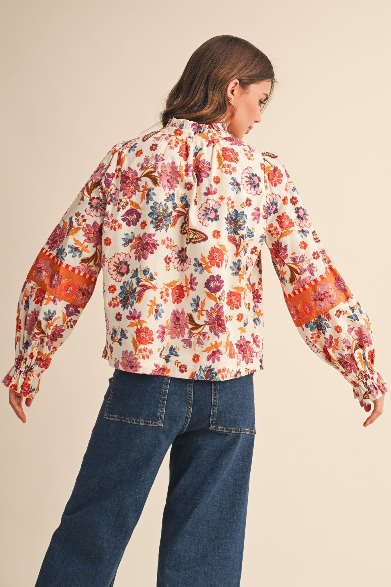 Floral Border Top - Ivory