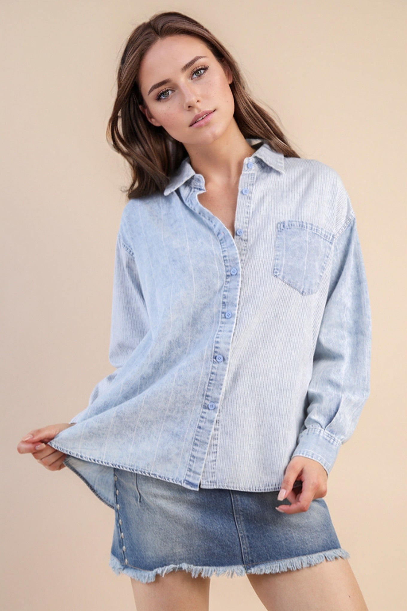 Mineral Washed Striped Shirt - Indigo