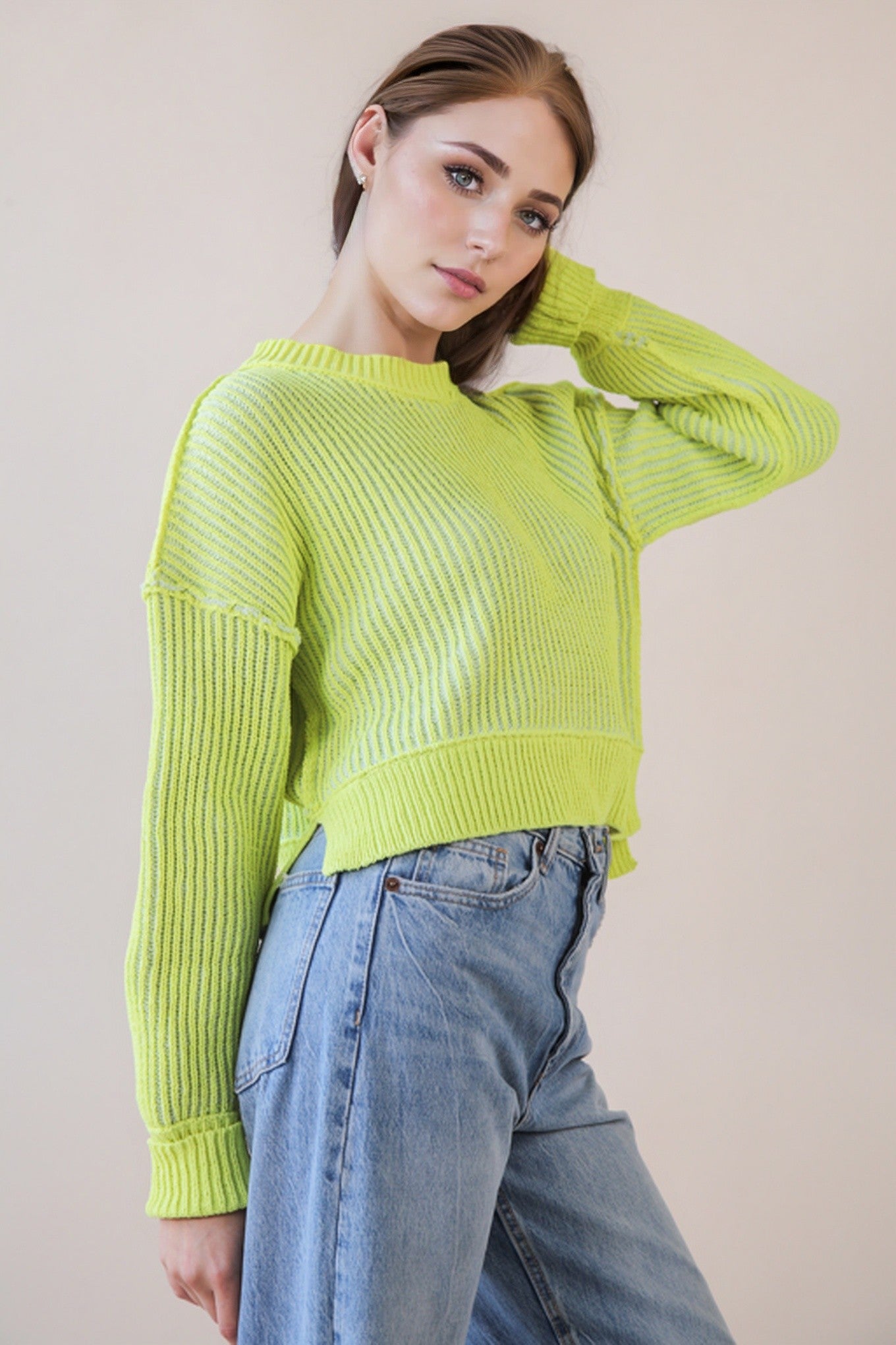 Two Tone Striped Sweater Top - Lemon