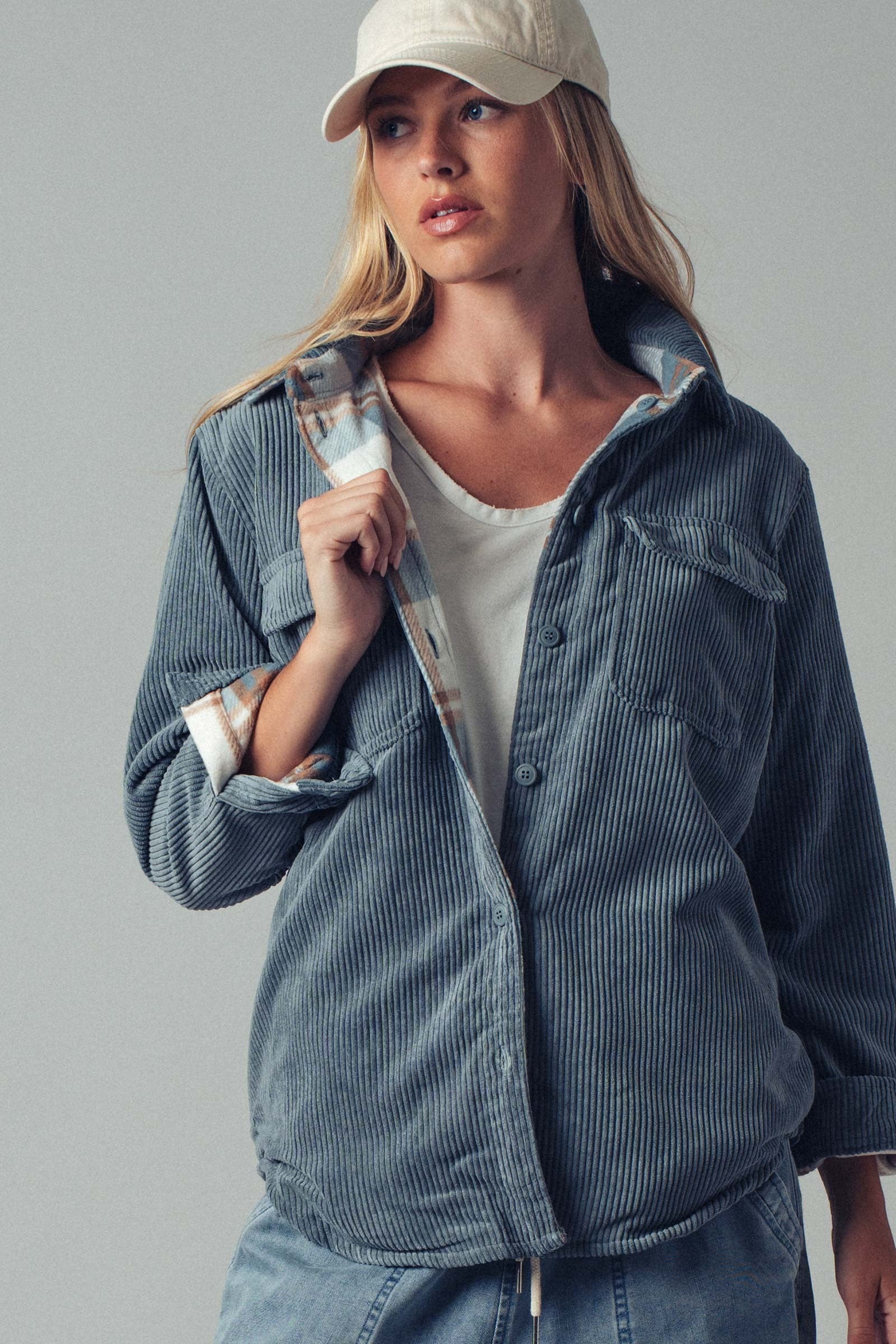 Flannel Shacket w/Pockets - Blue Stone