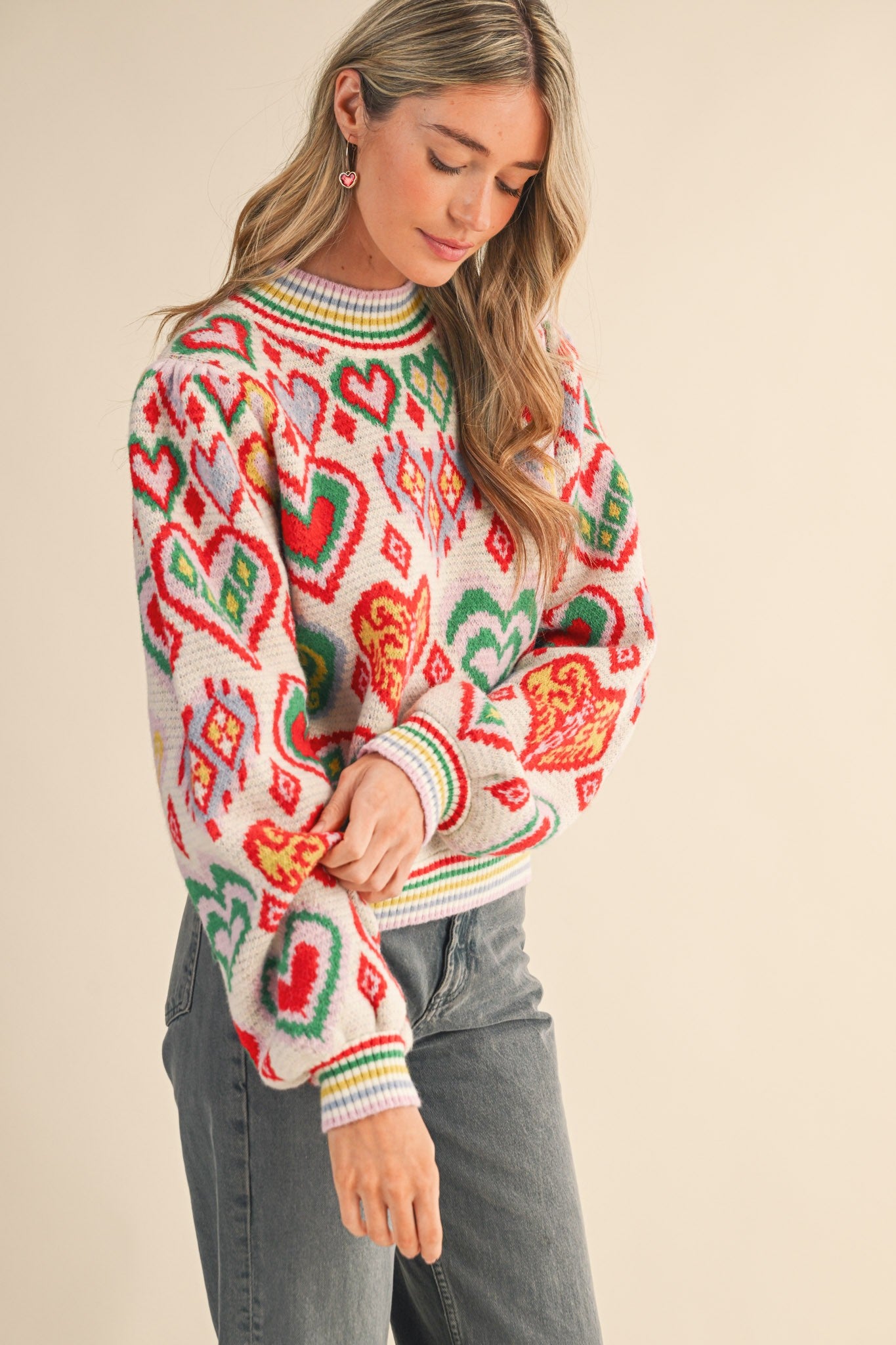 Heart Pattern Balloon Sleeve Sweater - Pink