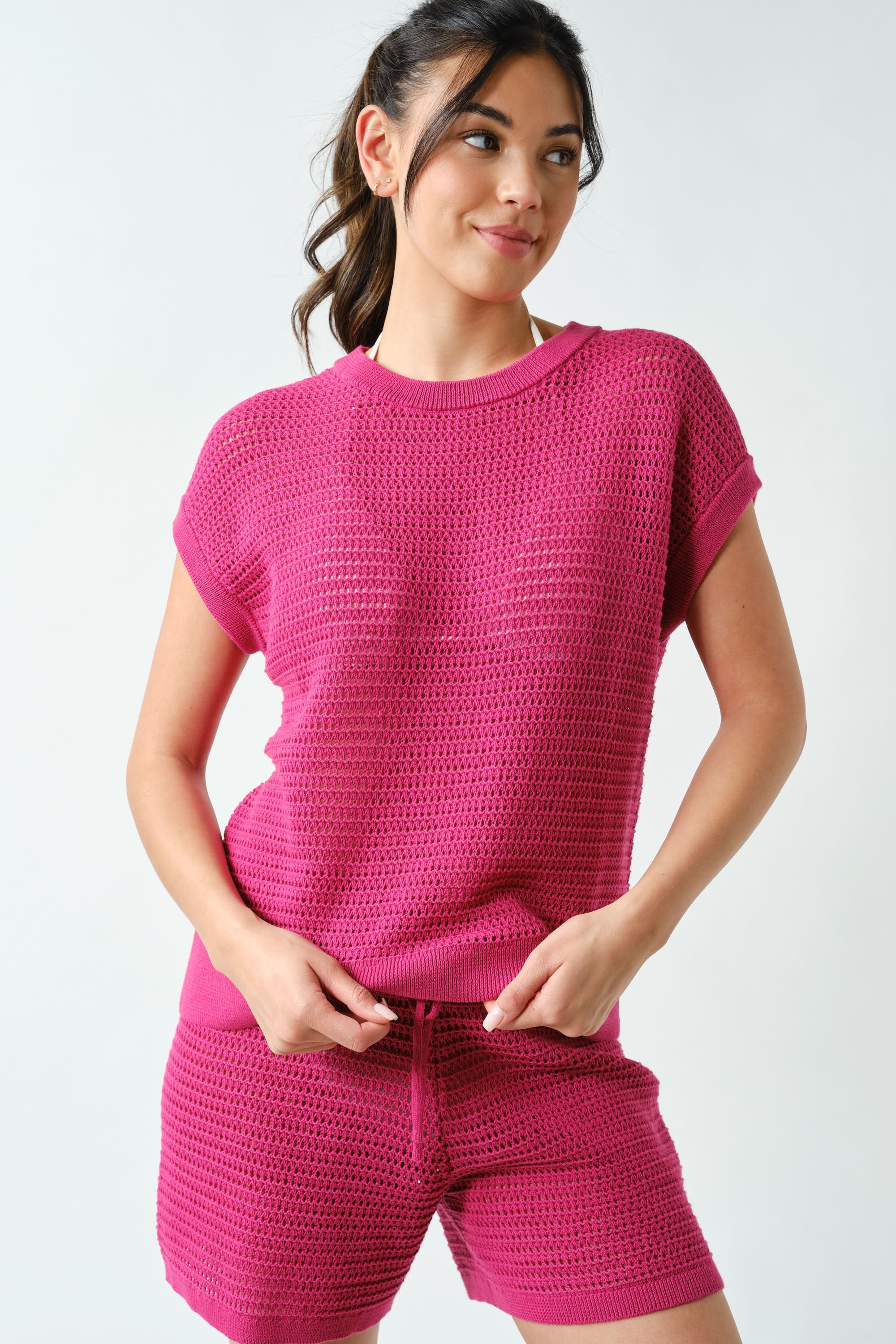 Coastal Crochet Breeze Knit Top - Plum Pink