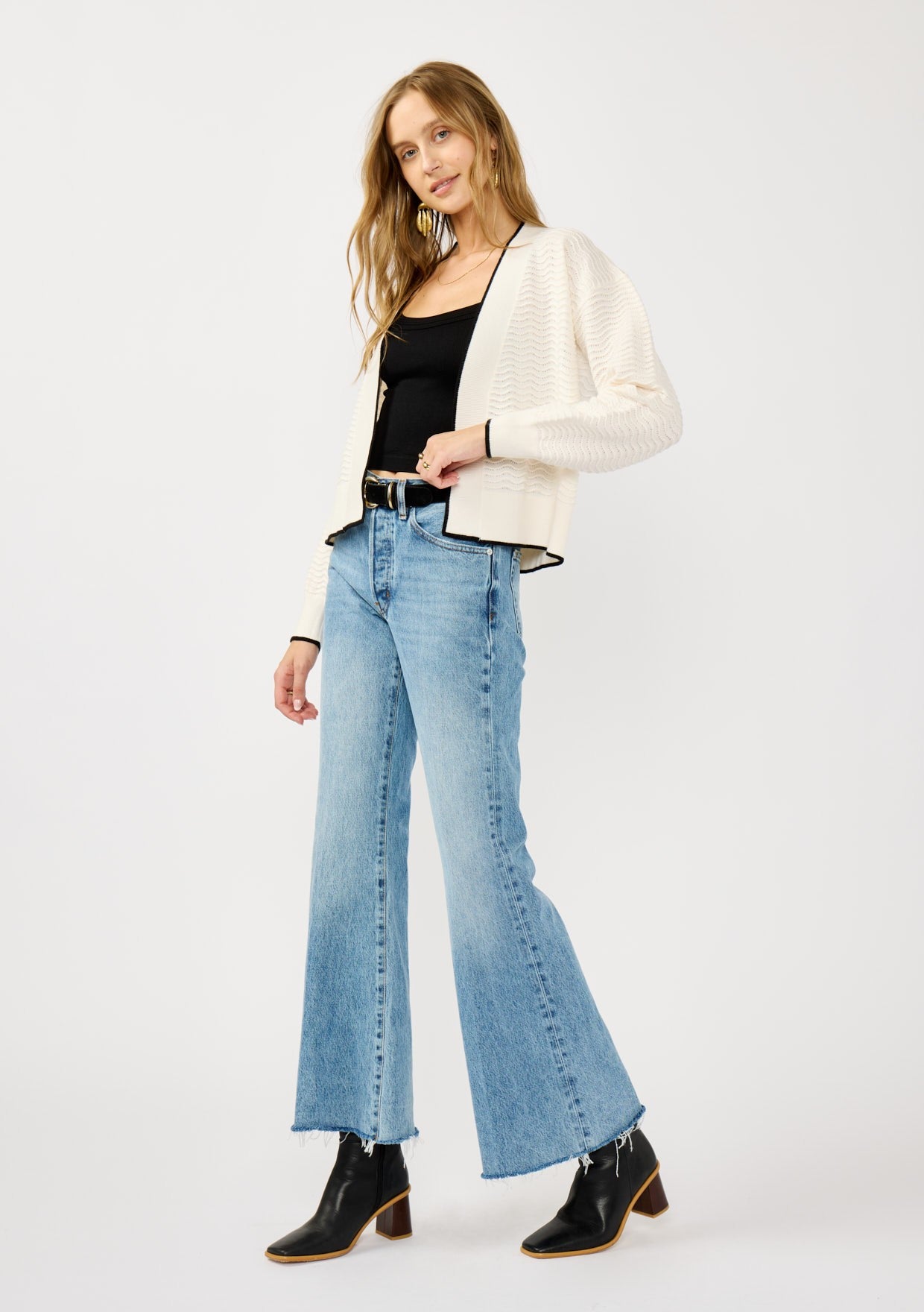 Textured Pointelle Open-Front Cardigan