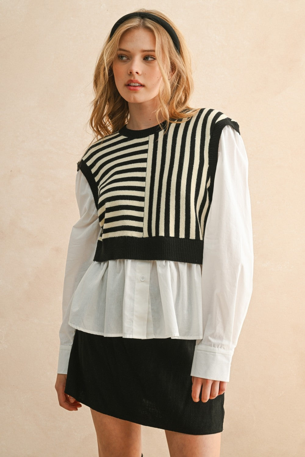 Stripe Pattern Sweater/Blouse Combo - Black/White