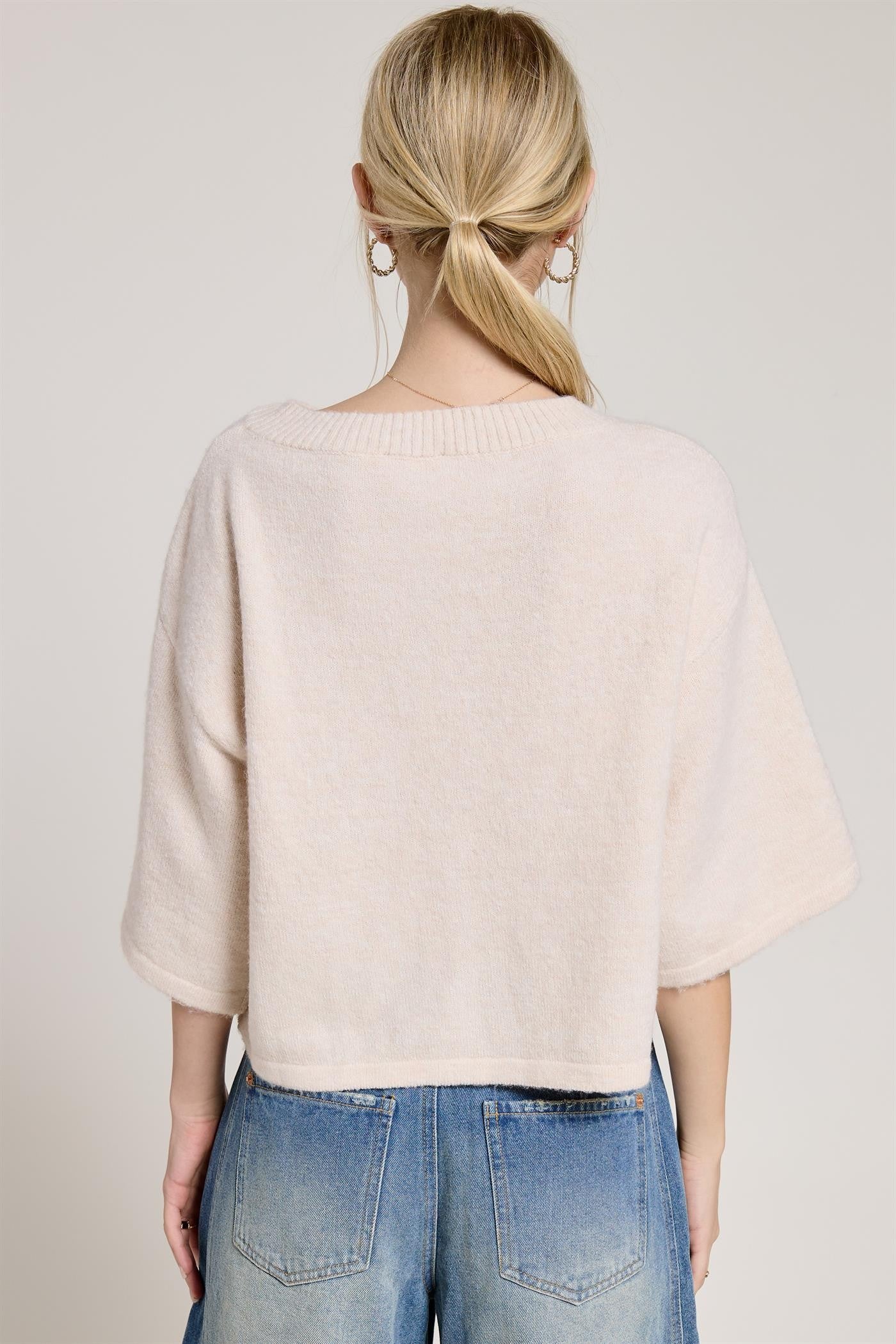 Button Front Short Sleeve Knit Cardigan - Beige