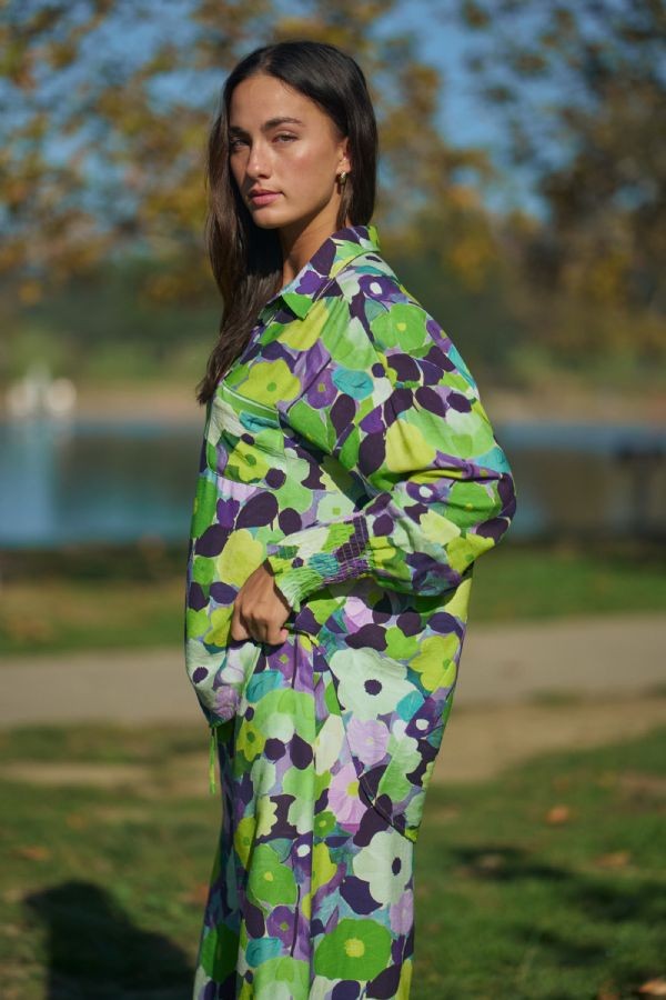 Groovy Floral Collared Blouse - Lime