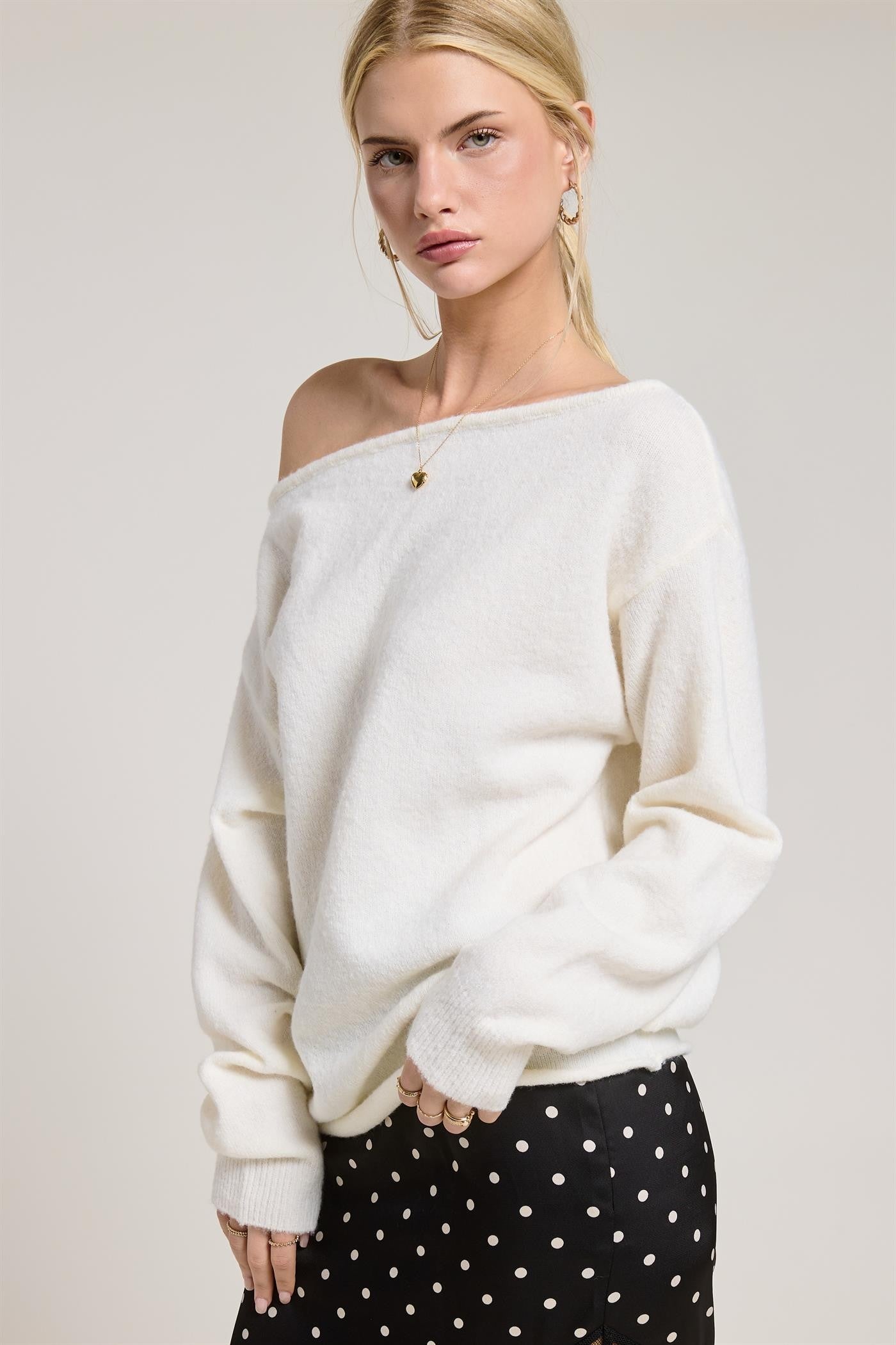 Off-Shoulder Cozy Knit Sweater - Ivory