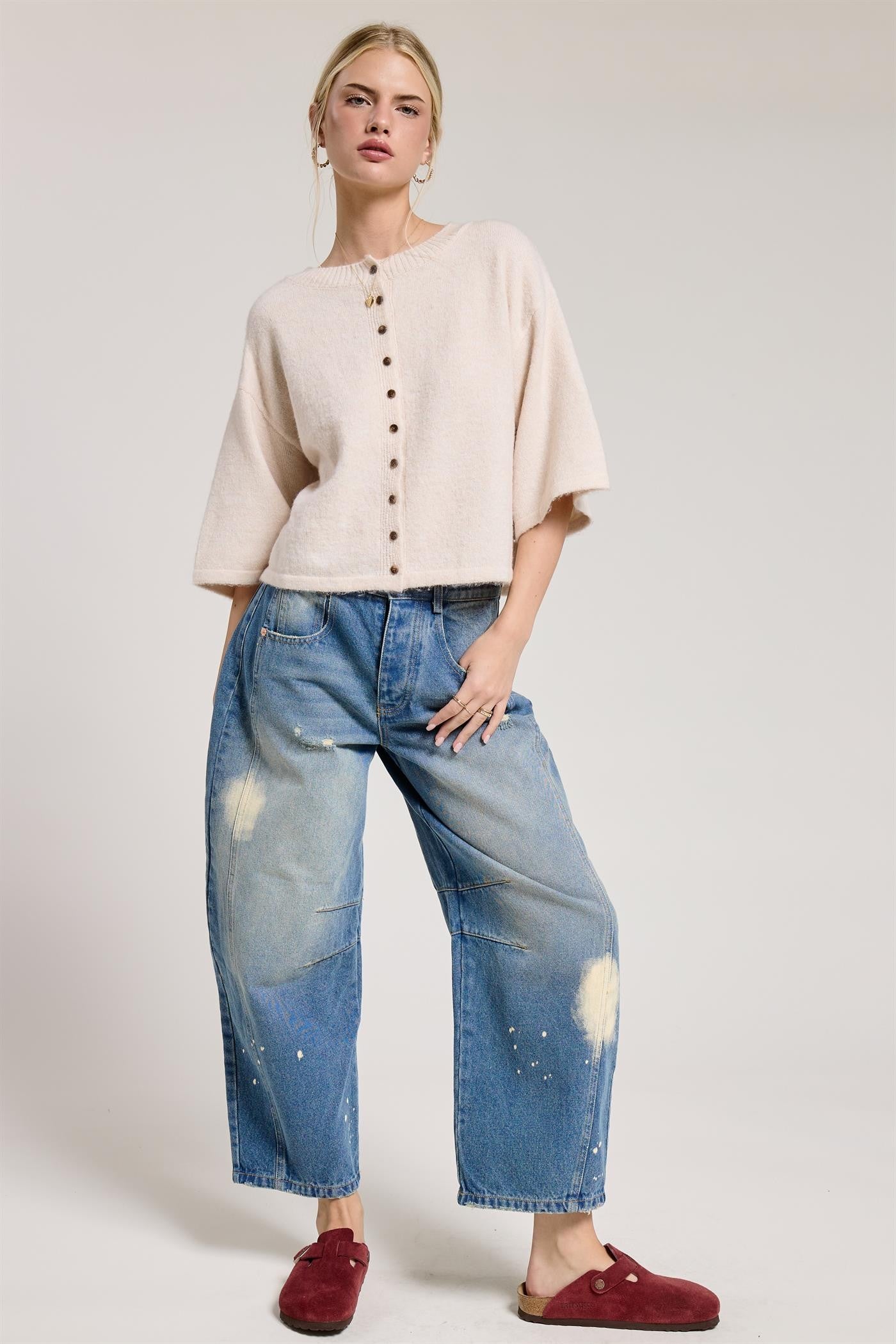 Button Front Short Sleeve Knit Cardigan - Beige