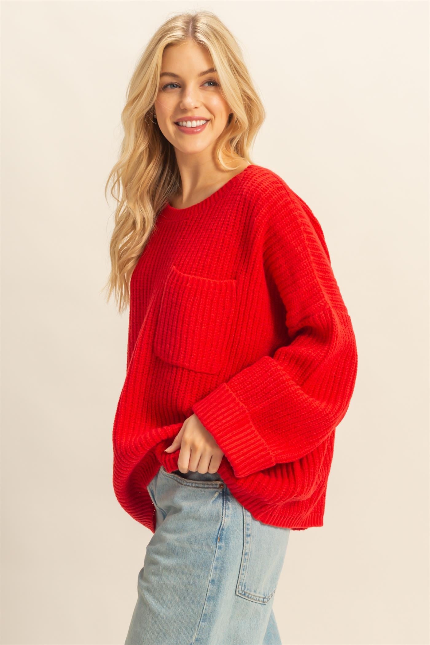 Oversized Ribbed Knit Sweater - Red