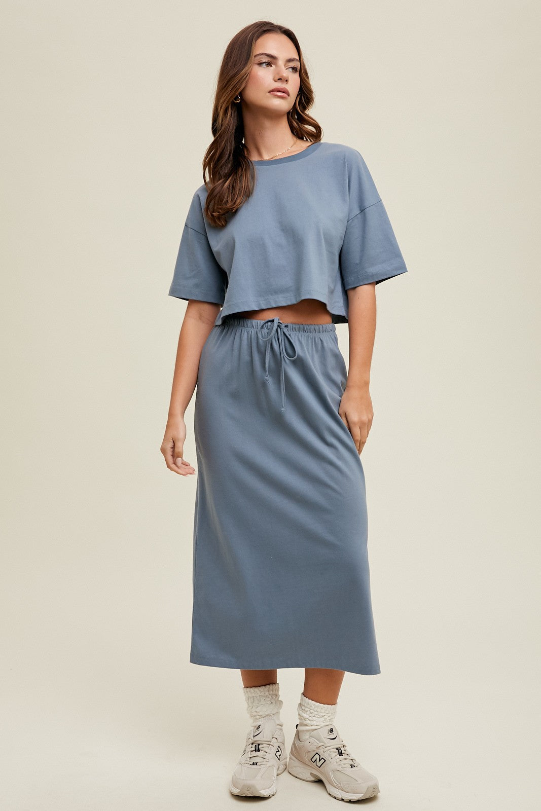 Cotton Crop Tee Skirt Set - Slate Blue
