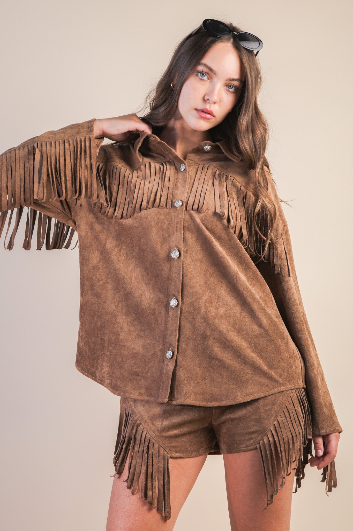Suede Fringe Western Shacket - Mocha