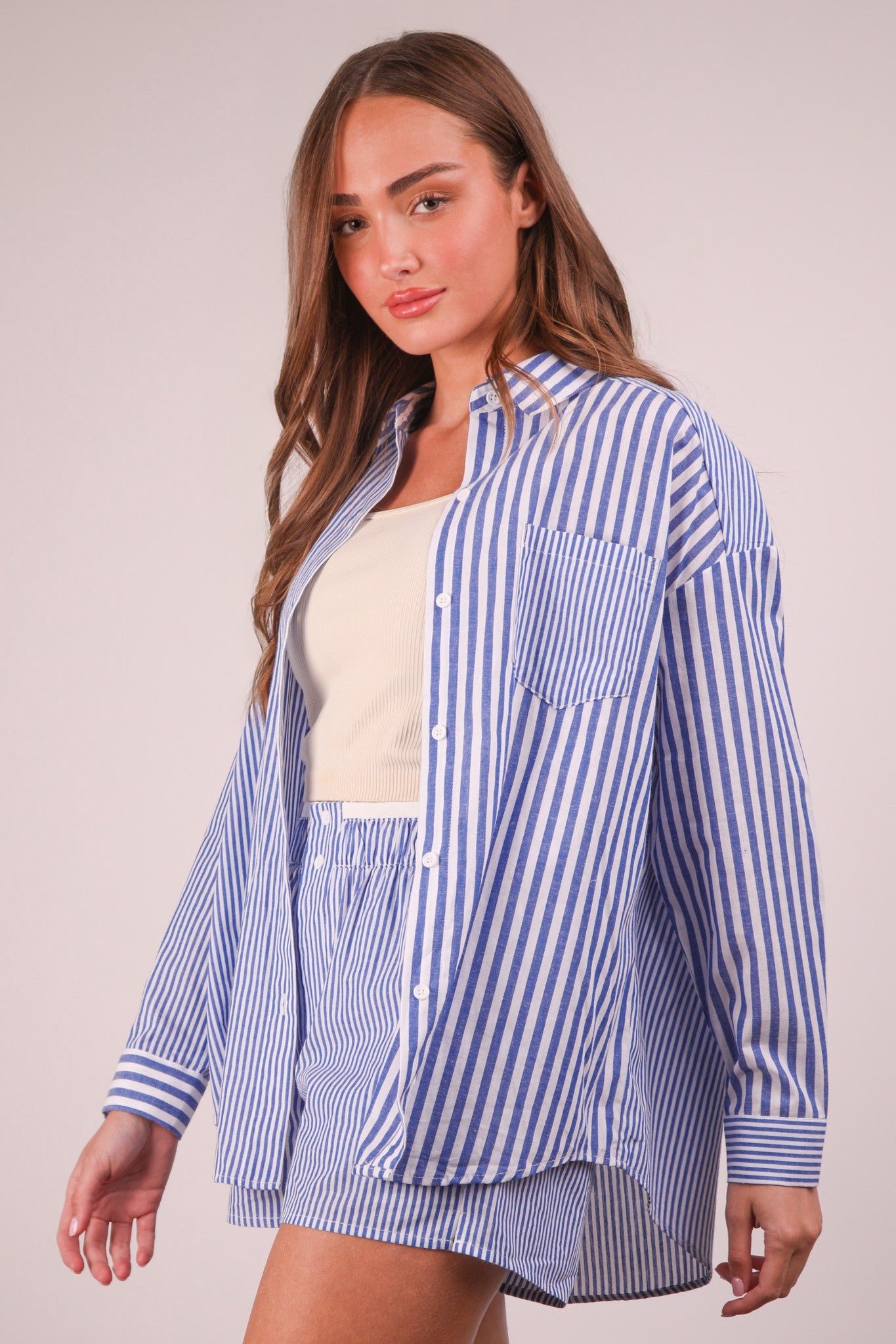 Striped Oversized Comfy Shirt Top & Shorts Set - Blue