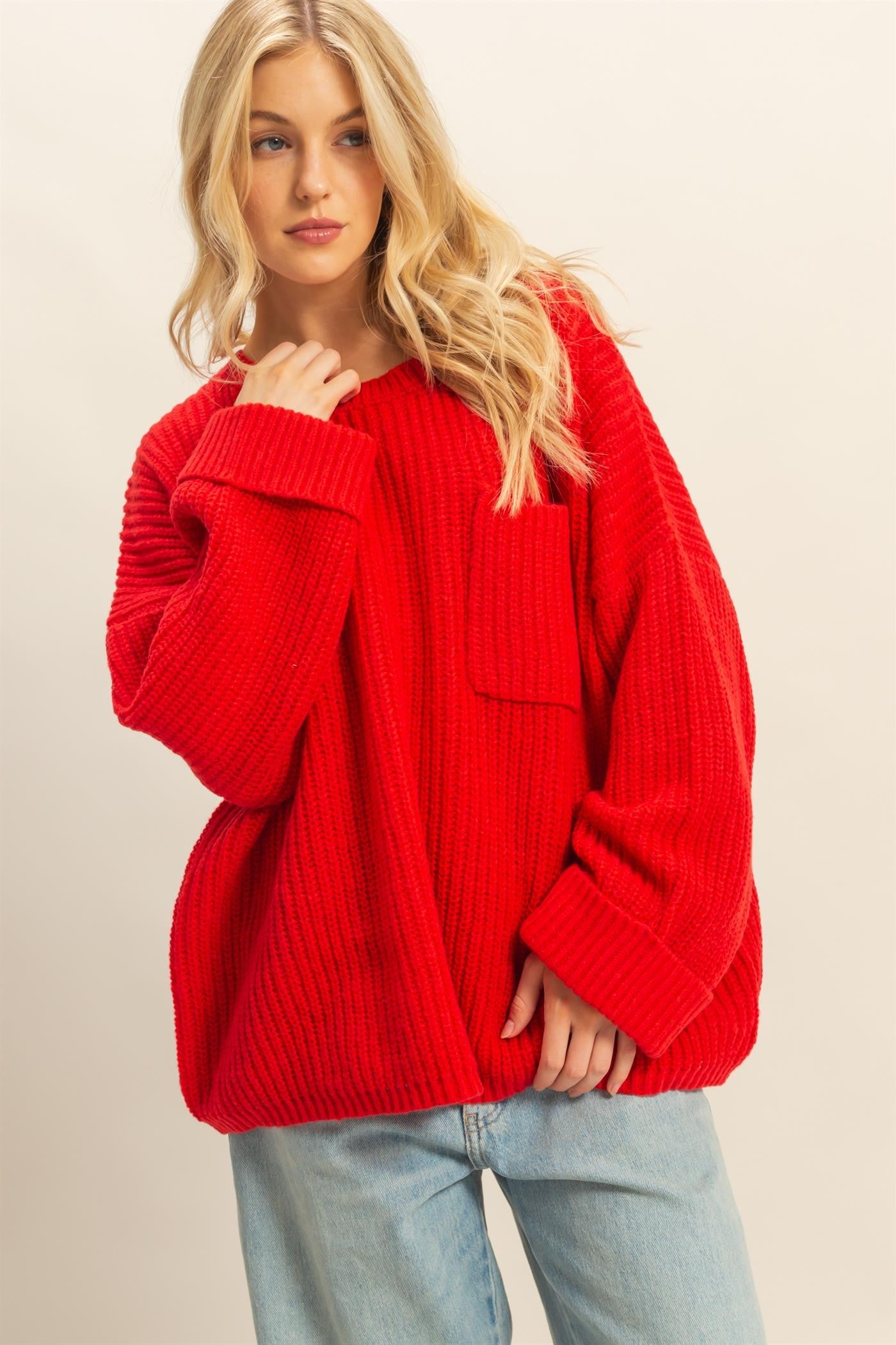 Oversized Ribbed Knit Sweater - Red
