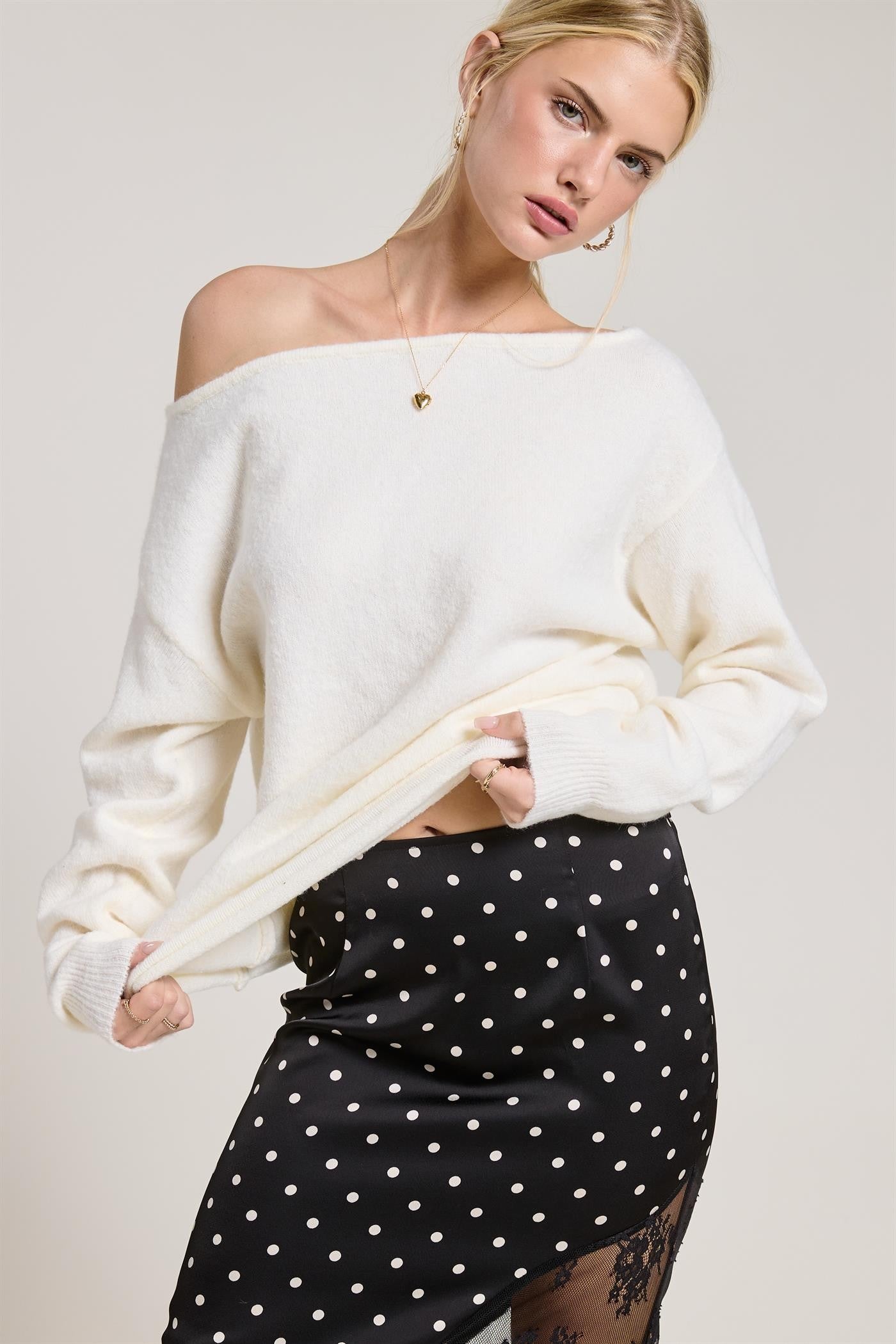 Off-Shoulder Cozy Knit Sweater - Ivory