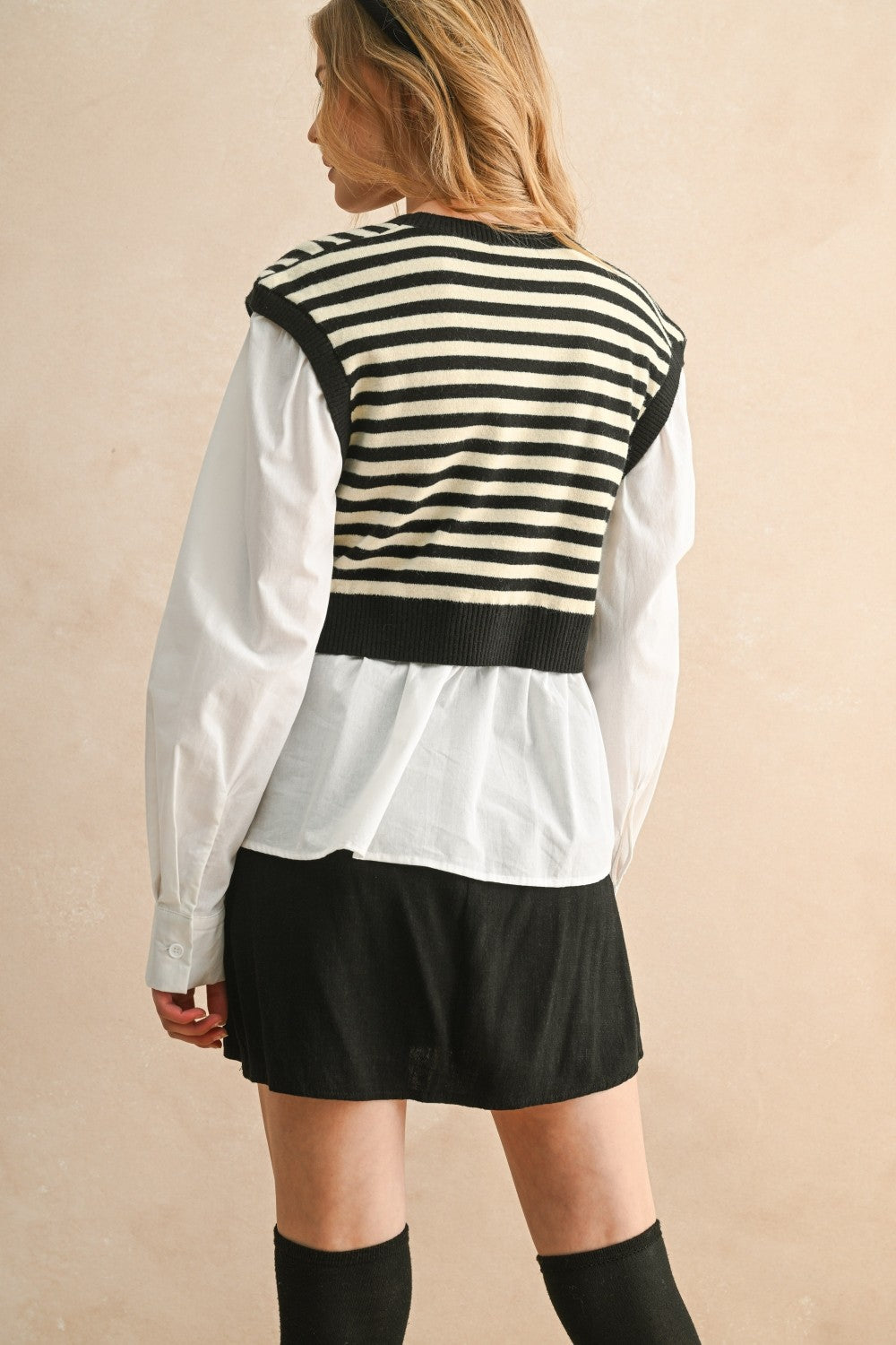 Stripe Pattern Sweater/Blouse Combo - Black/White