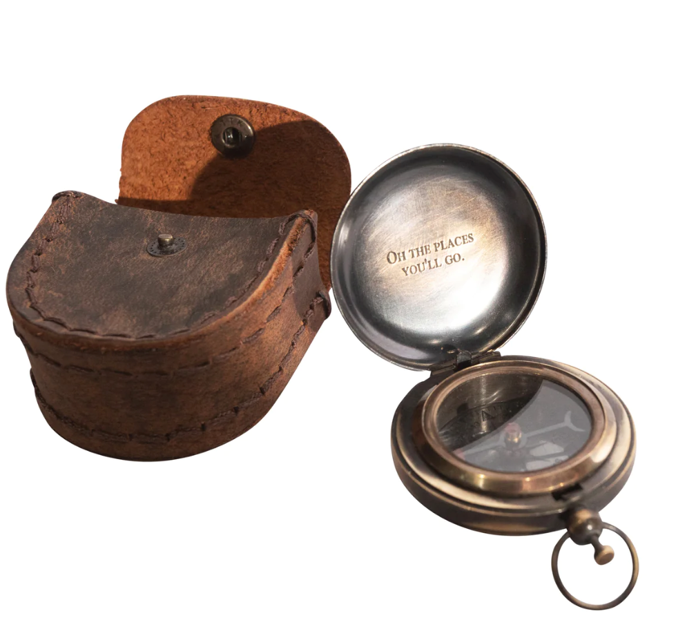 Oh The Places You'll Go Push Button Compass with Leather Pouch