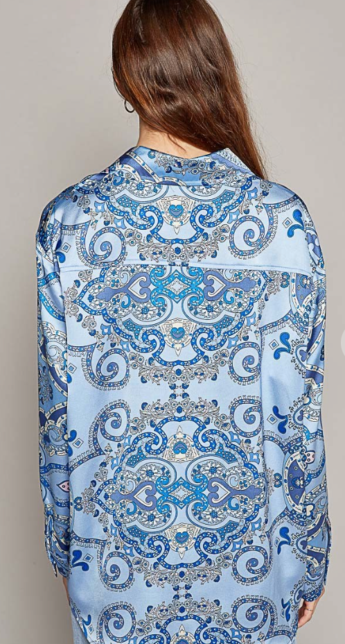 Long sleeve Blue Paisely Print Button Down