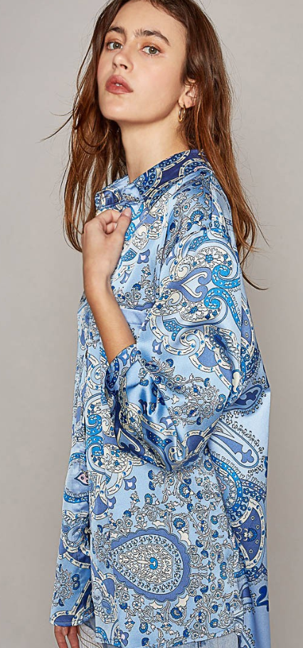 Long sleeve Blue Paisely Print Button Down
