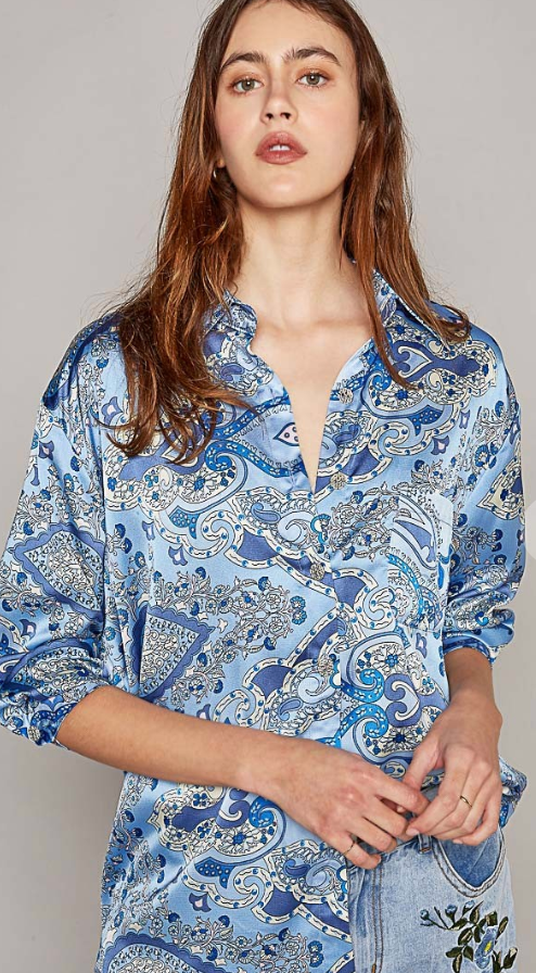 Long sleeve Blue Paisely Print Button Down