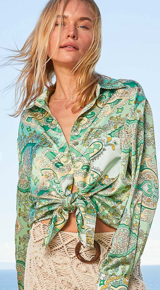 Long sleeve Green Paisely Print Button Down