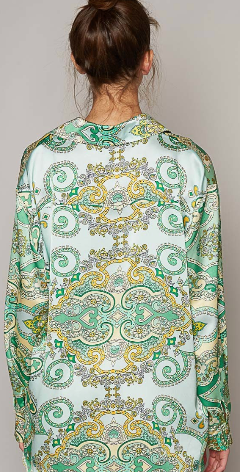 Long sleeve Green Paisely Print Button Down