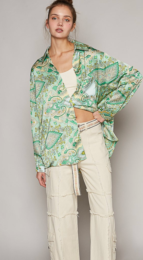 Long sleeve Green Paisely Print Button Down