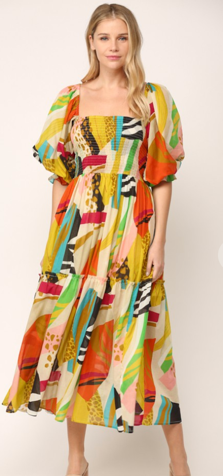 Abstract Print Smocked Dress