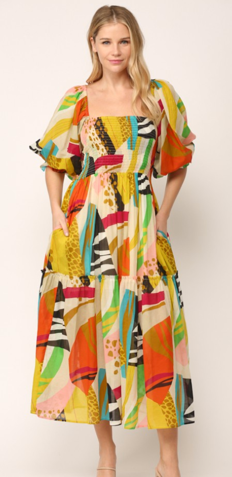 Abstract Print Smocked Dress