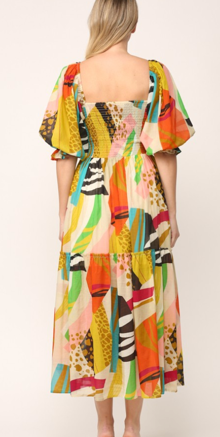Abstract Print Smocked Dress