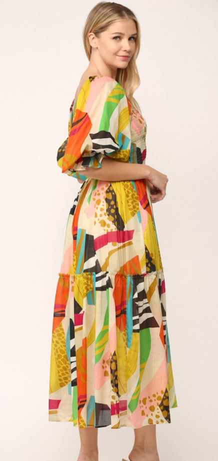 Abstract Print Smocked Dress
