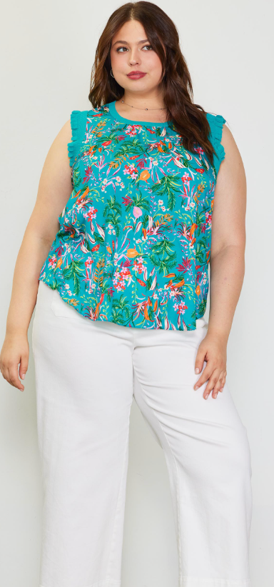 Tropical Print Ruffle Top