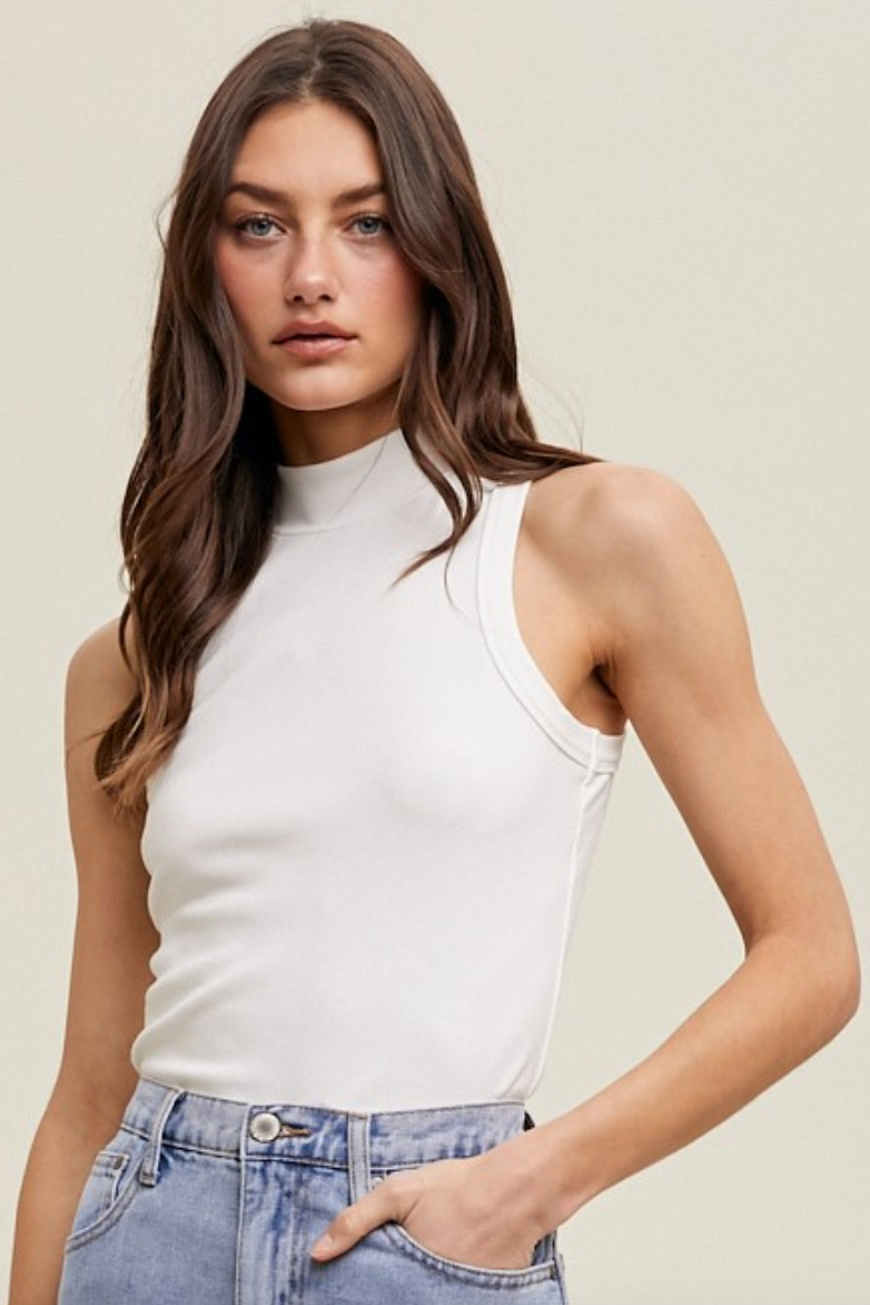 Ribbed Mock Neck Tank Top - White